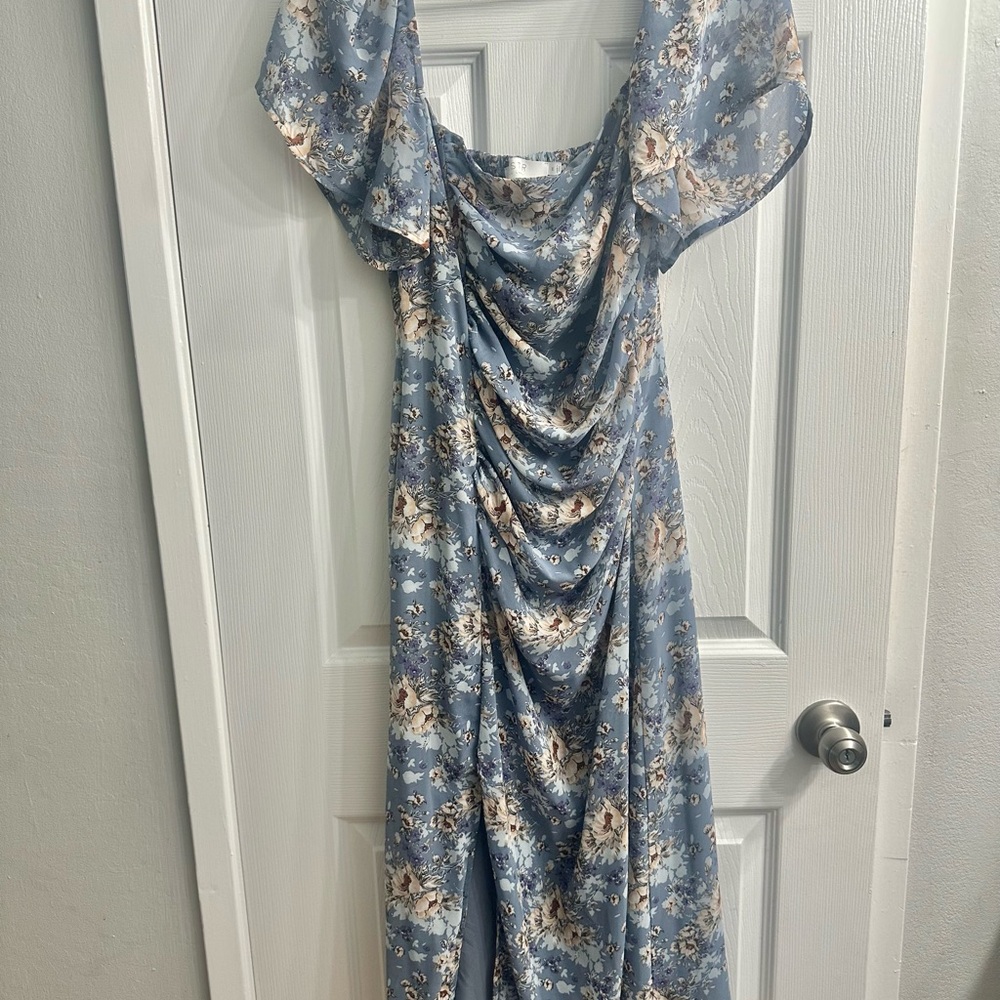 Astr Blue and White Ruched Off the Shoulder Midi Dress